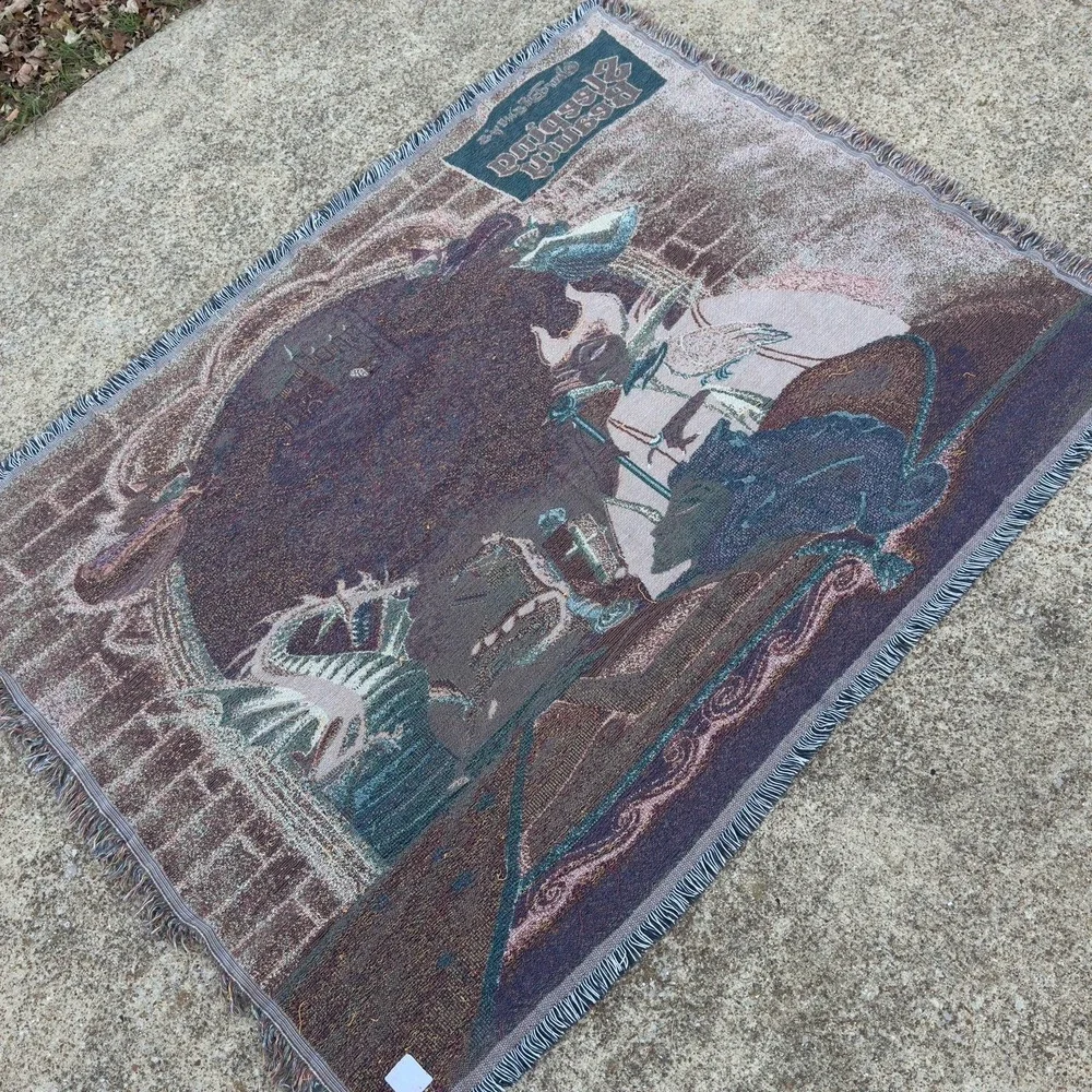 Vintage 90s Disney Sleeping Beauty Woven Fringe Tapestry Throw Blanket Blue
